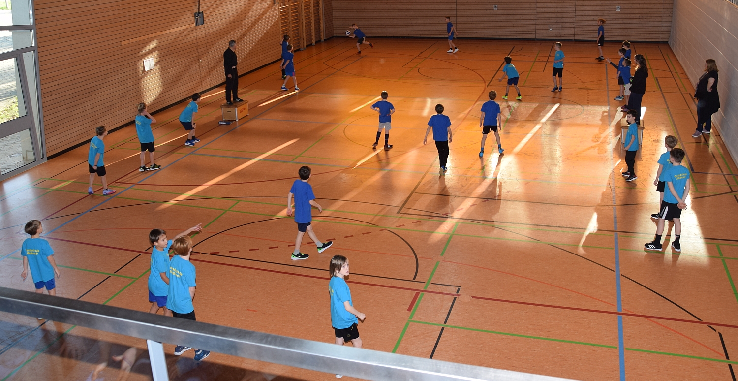 Foto mit zwei Völkerball spielenden Mannschaften von der Tribüne aus aufgenommen